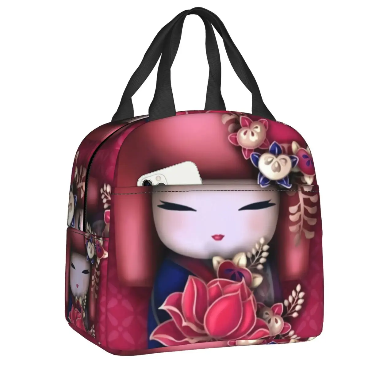 Custom Japanese Girl Sakura Kokeshi Doll Lunch Bag Men Women Warm Cooler Insulated Lunch Box for Kids School Children