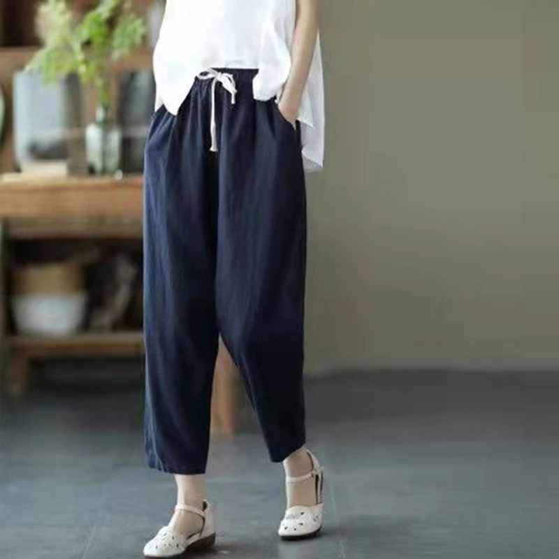 Fashion Cotton Linen Harem Pants Women Summer Loose High Waist Elastic Ankle-length Pants Retro Pockets Solid Lady Casual Pants