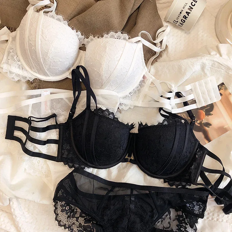 Half a cup gathered thick steel ring anti-sagging lace sexy bra underwear set push up women large size lingerie with panties set