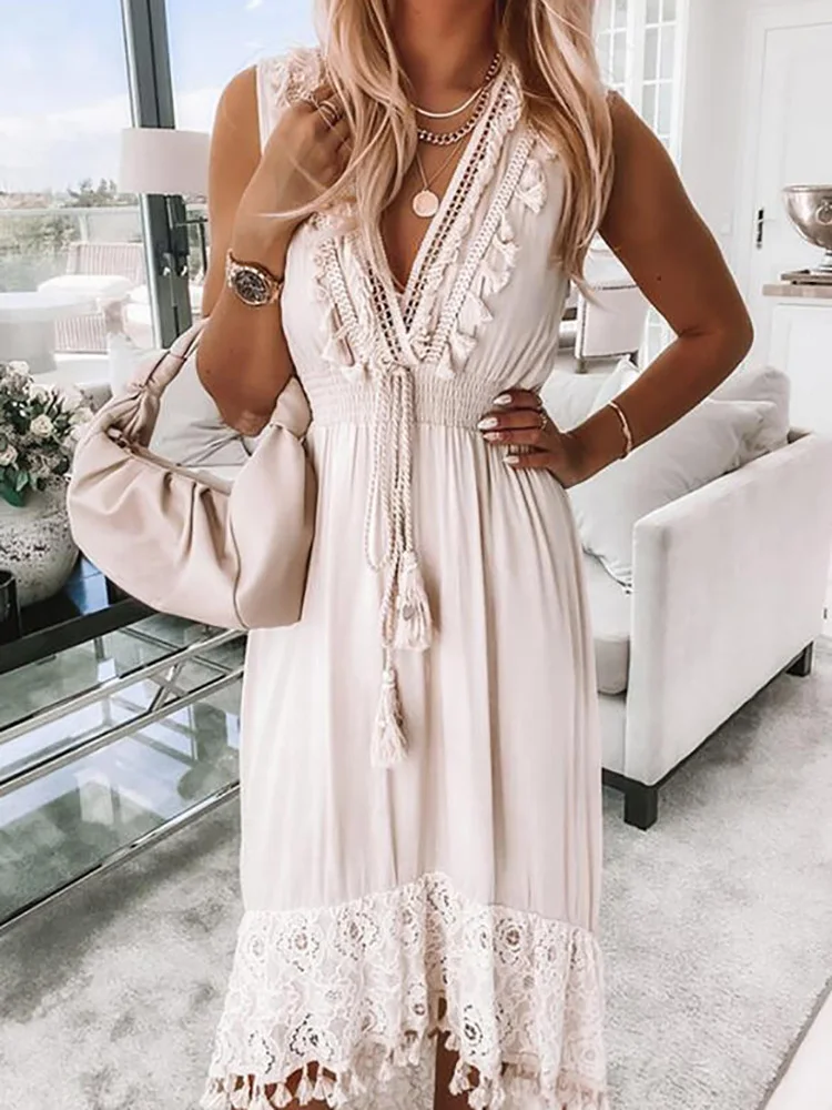 

Women Sexy Sleeveless Deep V Neck Party Dress Elegant Solid Color Ladies Summer Tassel Dress 2022 Female Lace Patchwork Dresses