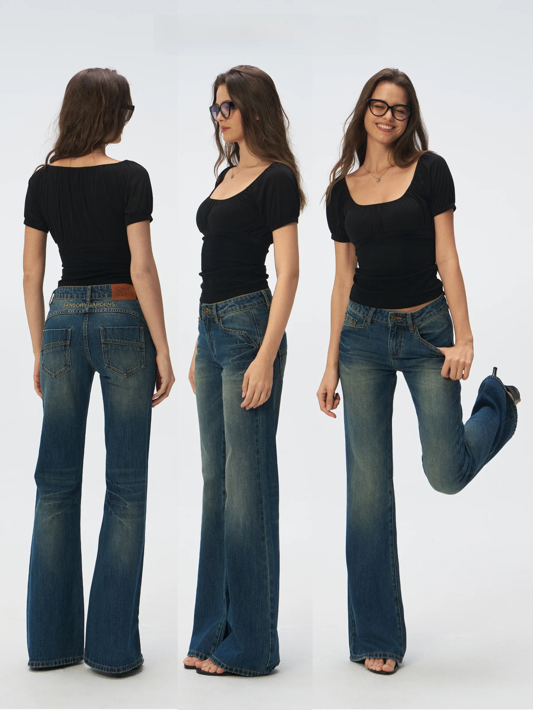 

Sensory Gardens Vintage Blue Gradient Washed Women's Cotton Low Waist Bell Bottom Jeans Straight Leg Effect Soft Cotton Denim