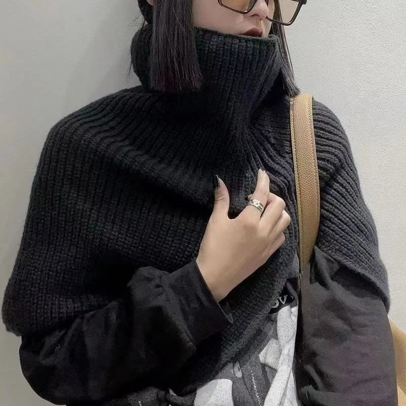 Autumn Winter Knitted Turtleneck Cape, Versatile Pullover Neck Wrap Warm Knit Fake Collar Shrug Outerwear
