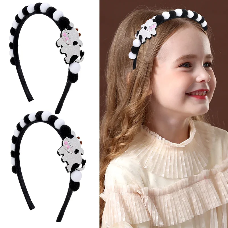 

ncmama Sweet Girls Cow Hair Bands Furball Headband For Children Fashion Black White Hair Hoop Headdress Baby Hair Accessories