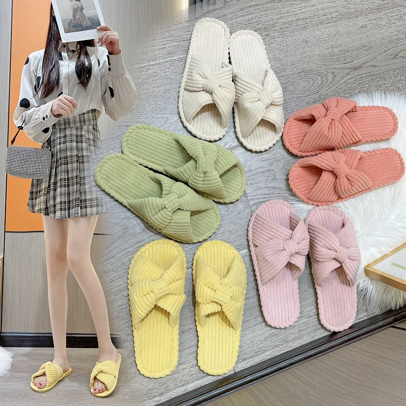 Women Fashion Corduroy Cross Slippers Cute Butterfly-Knot Home Slides Flat Indoor Floor Flip Flops Outdoor Casual Ladies Slipper