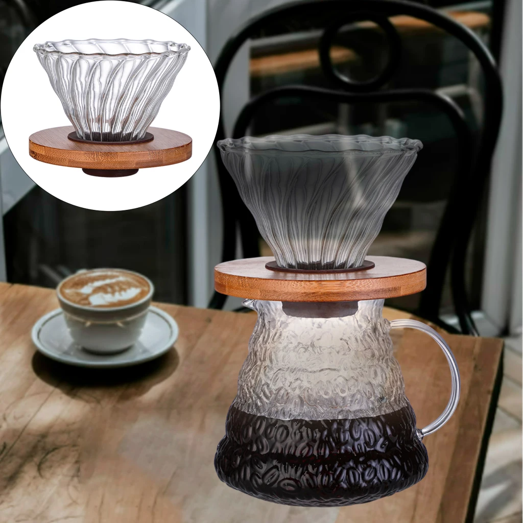 Reusable Glass Coffee Filter Cup with Wooden Holder Glass Coffee Dripper Pour Over Cone Cafe Maker