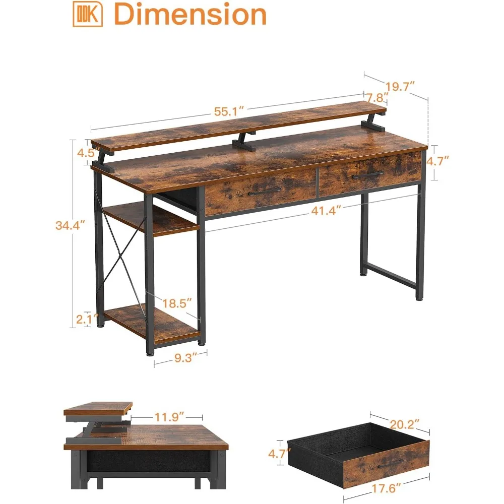 Computerbureau Met Lades, 55 Inch Bureau Met Opbergtas & Planken, Werk Schrijftafel Met Monitor Plank