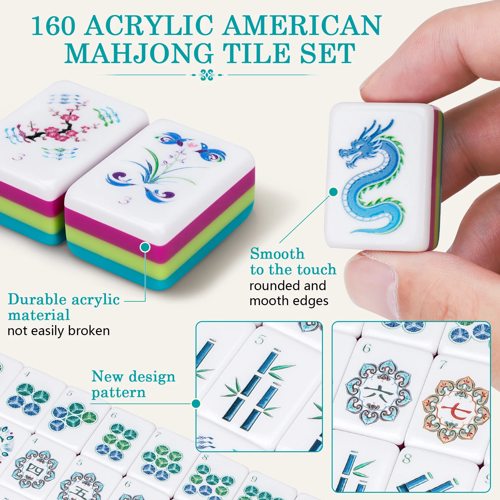 Luxury Engraved American Mahjong Set 4-Layer Acrylic Lake Blue Mahjong Tiles Travel Mah Jongg Sets for Family Party Board Games