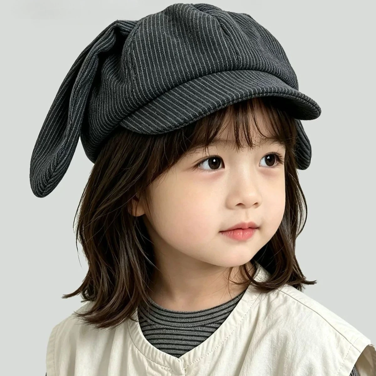Niedliche achteckige Baskenmütze für Kinder, Herbst-Winter, gestreift, gestrickt, mit Hasenohren, für Babys, Jungen und Mädchen, warme, lässige Newsboy-Mütze – Detail 2