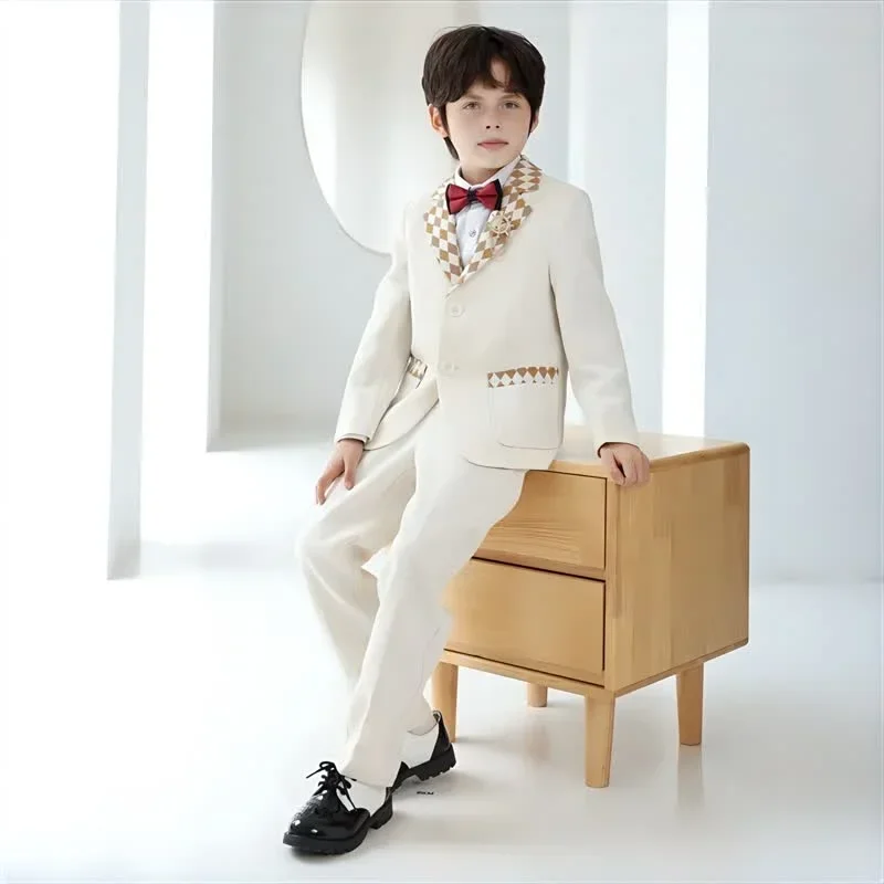 

Autumn Suit for Boys Fashion Stitching Plaid Formal Wedding Tuxedo White Gentlemanly Teen Children Piano Performance Costume Set