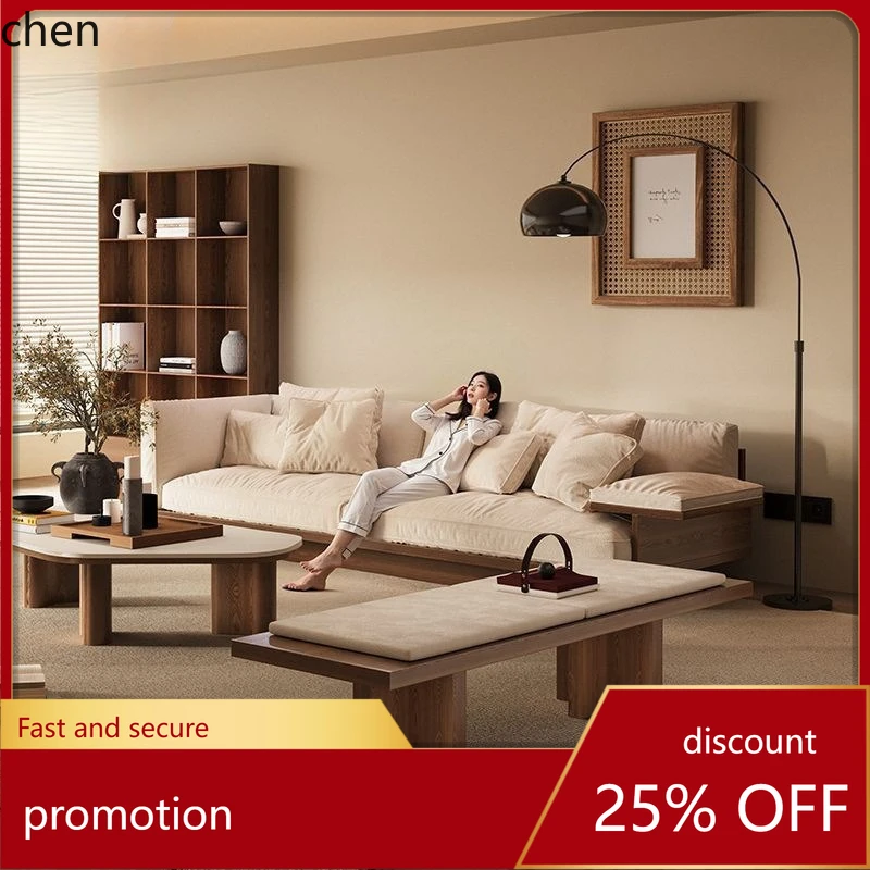 HT Modern Minimalist Solid Wood Fabric Straight Sofa Three-Seater High-End Wabi-Sabi Style Living Room New Model