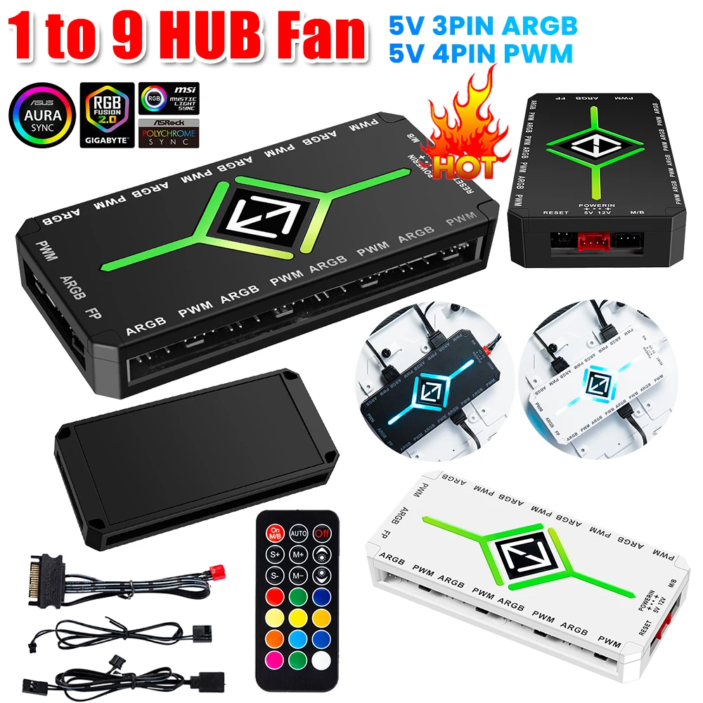 1 To 9 3 in 1 5V 3 Pin ARGB Controller Cooling Fan Hub w/ Remote 4 Pin PWM Magnetic Suction Hub SATA Powered for PC Case