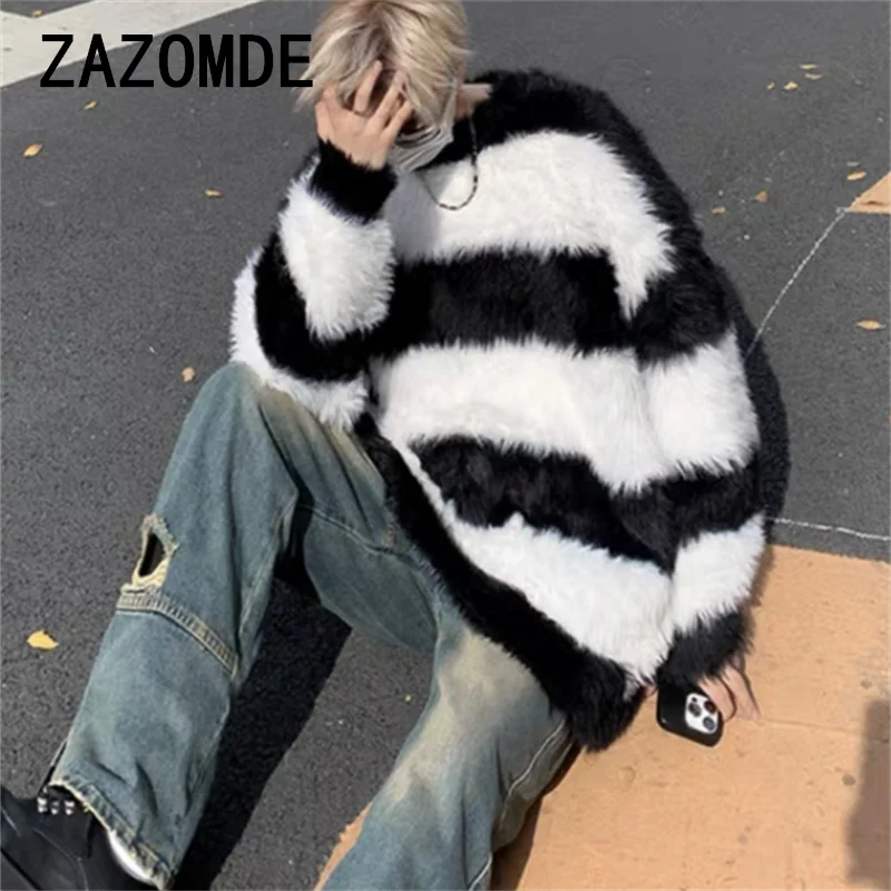 ZAZOMDE Men Autumn Winter New Stripe O Neck Knitwear Top Men Long Sleeve Loose Pullovers Male Streetwear Sweater Tops Clothing