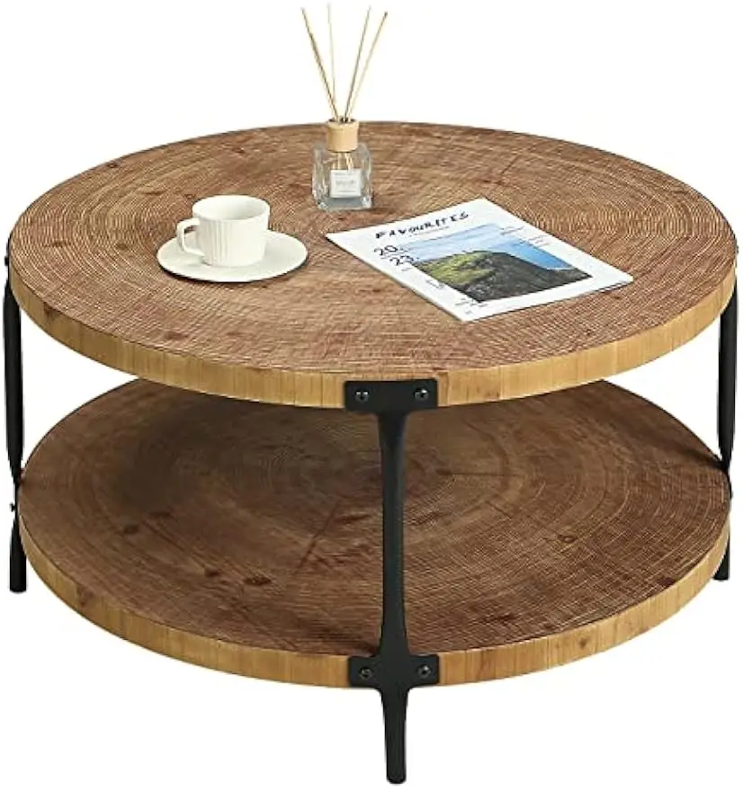 Farmhouse Natural Circle Wooden 2-Tier Coffee Tables Living Room Furniture, Natural Wood Color, 29.1