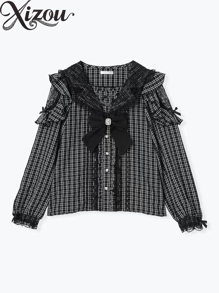 Haut à manches longues en dentelle avec nœud japonais, chemisiers à col bleu marine, Style Lolita, chemise Cosplay pour femmes, printemps automne