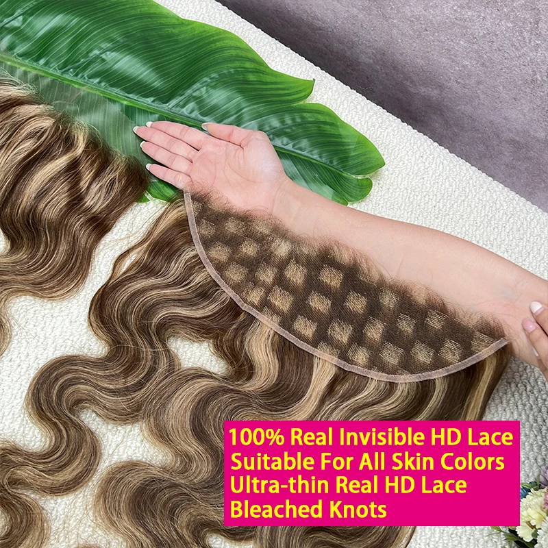 #P427 Honey Blonde Highlight 13x4 Invisible HD Lace Frontal Melt Skin PrePlucked Bleached Knots Body Wave Raw Virgin Human Hair