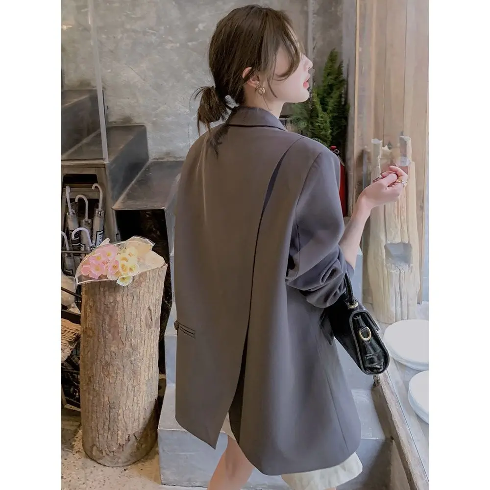 High-End Slit Gray Blazer Women\'s Petite 2024 Spring New Design Unique Jacket Sweet Female Office Lady Top Fashion High Quality