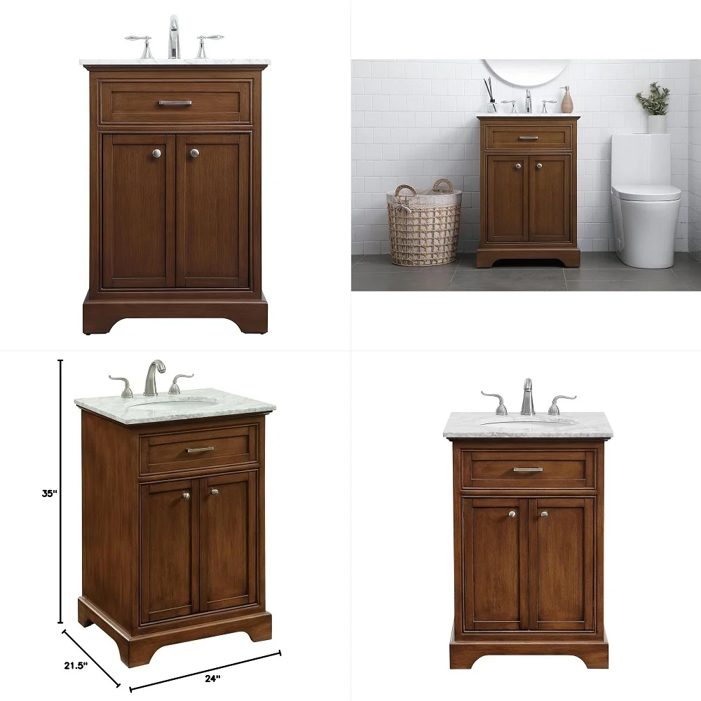 

24 PreAssembled Bathroom Vanity with Sink, Solid Birch and Rubberwood and MDF, Carrara White Marble Countertop Attached, Single