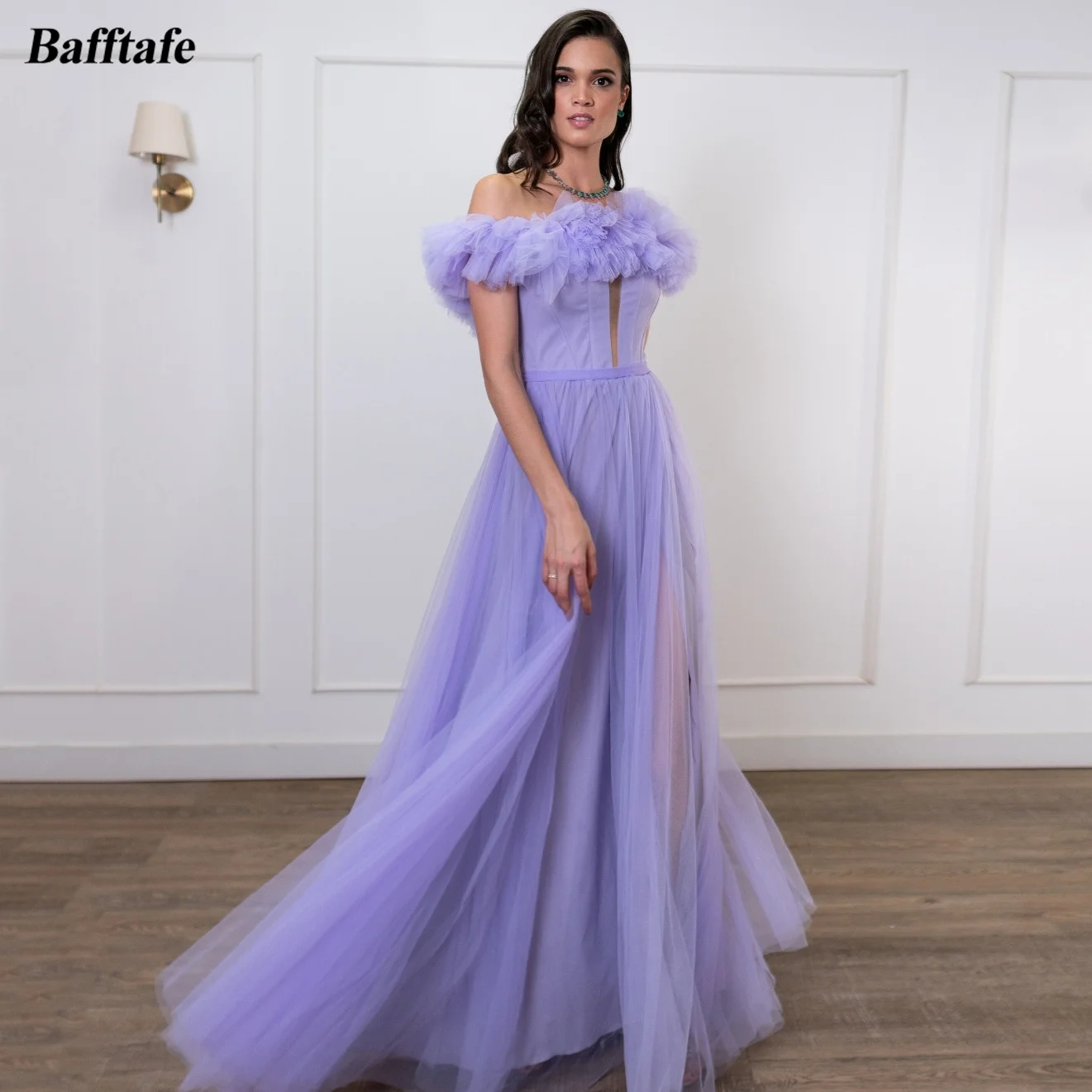 

Bafftafe Light Purple Tulle Women Prom Dresses Ruffles Off The Shoulder Formal Evening Dress Event Special Occasion Party Gowns