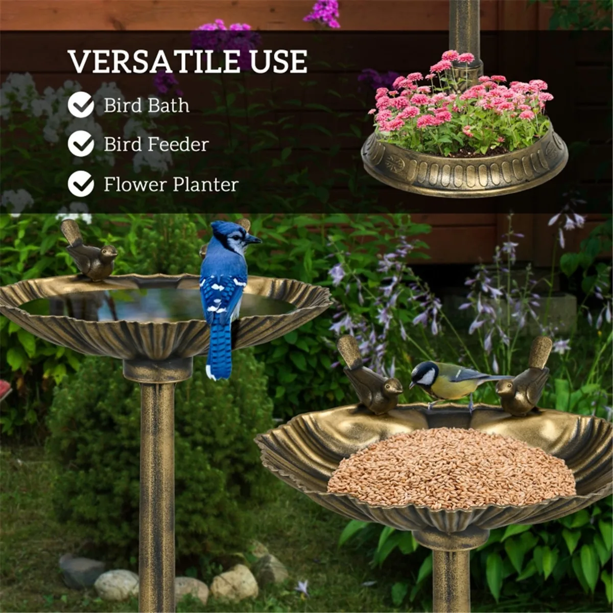 

Bronze Double-Basin Bird Bath (Dual as Bird Feeder): Shell Design + Stakes for Stability, Weather-Resistant Polypropylene