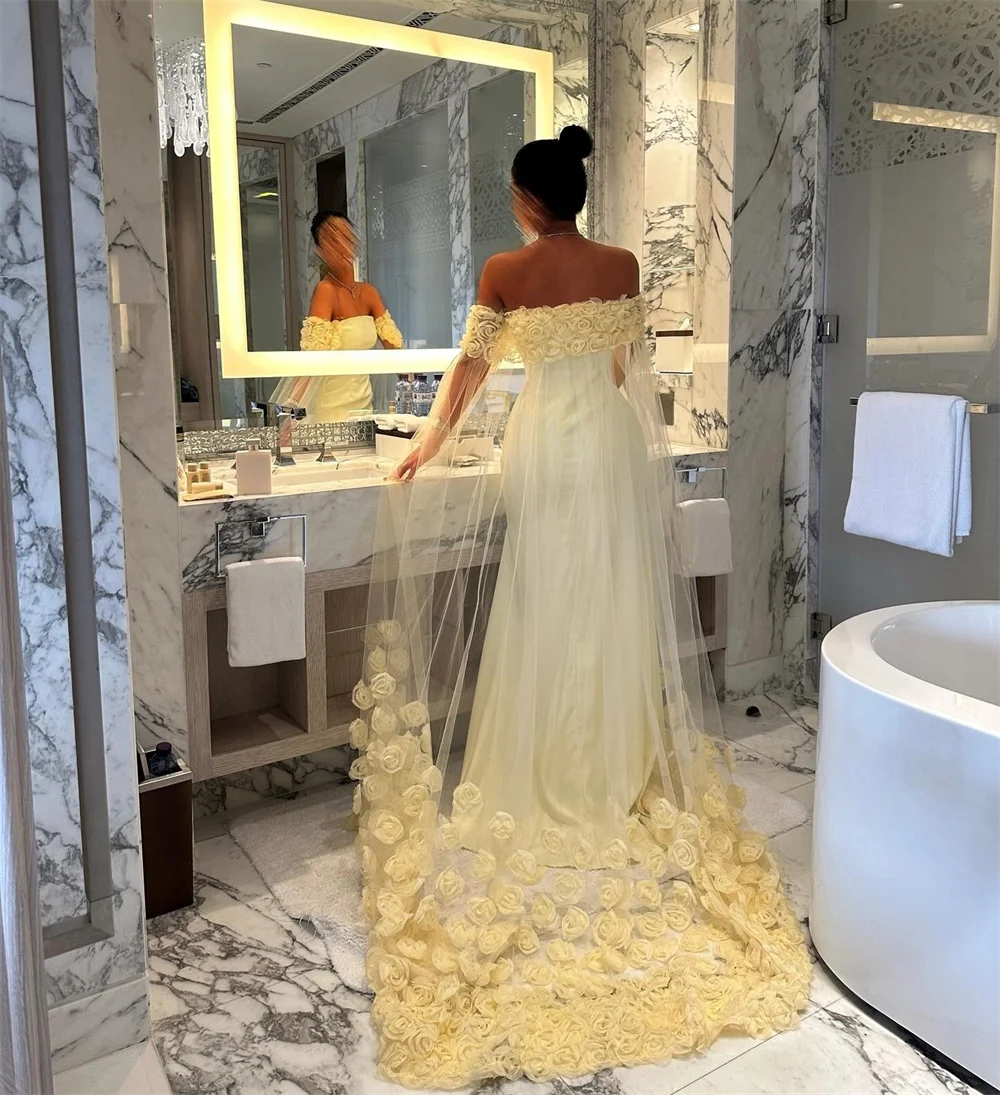 Amanda Customized Yellow Off Shoulder 3D Flower Prom Dress Mermaid Sleeveless vestidos de noche Floral Train Formal Evening 2025