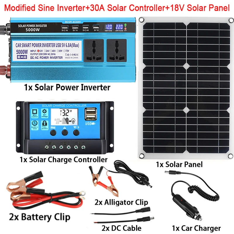 Kit de production d'énergie solaire pour l'extérieur et la maison, système d'alimentation solaire, panneau 20W, contrôleur de charge 30A, onduleur de voiture 220 W, 12V à 5000 V