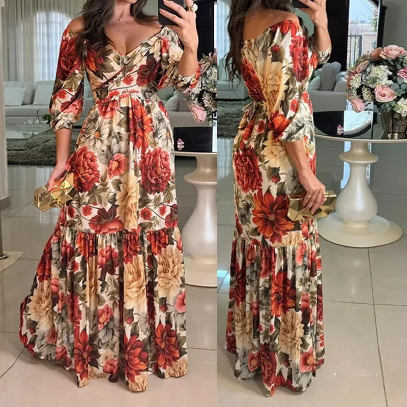 

TOY-2025Summer New Women's Fashionable and Elegant Printed TieVFlared Hem Dress