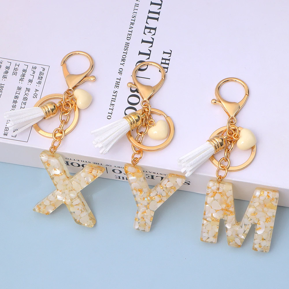 A-Z Initial Letter Keychain Cream Apricot Heart Tassel Pendant Keyring Car Key Holder Accessories for Women Men Birthday Gift