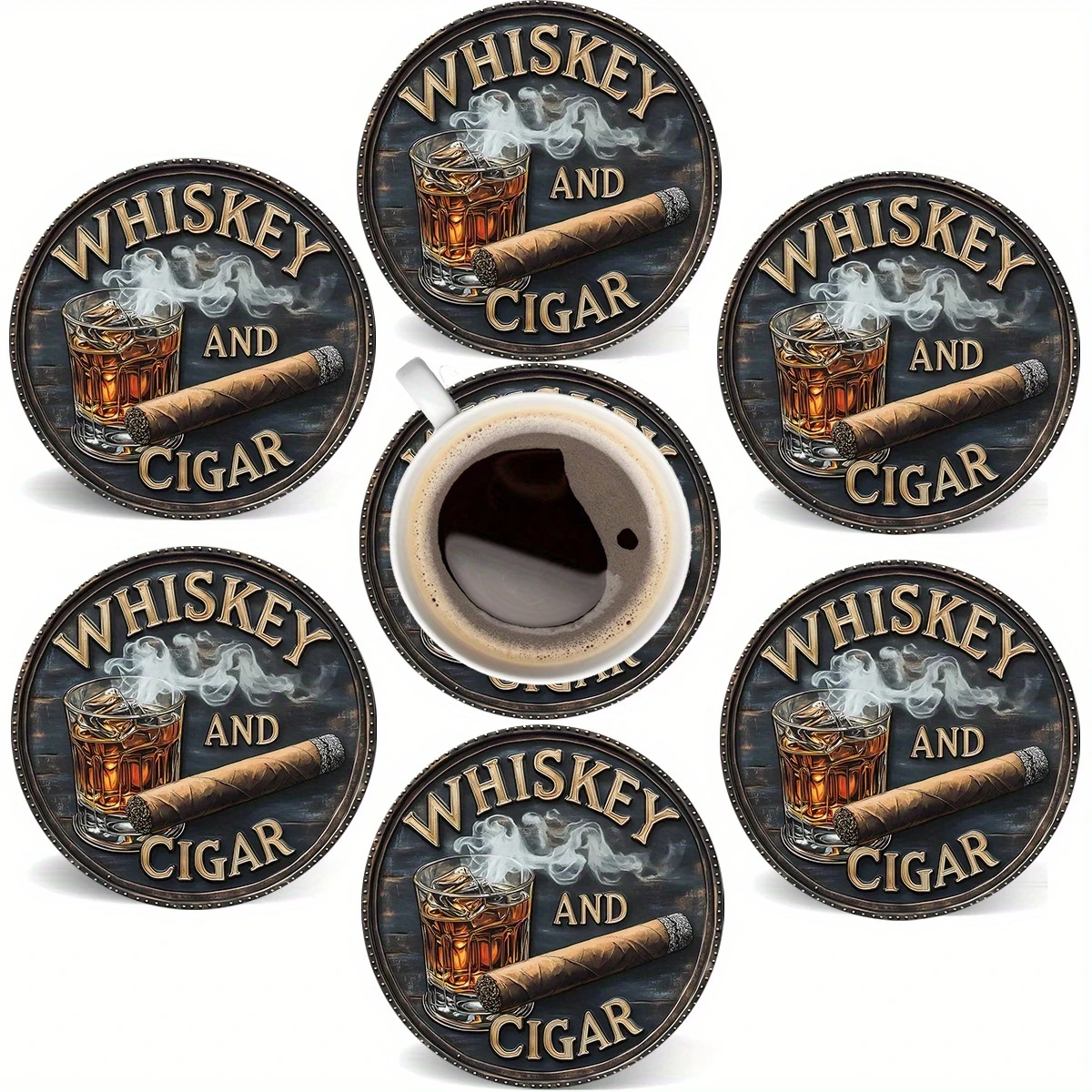 2D Flat, 6pcs Whiskey and Cigar Pattern Wooden Coasters, Round Coasters, Washable,For Holiday Home and Bar Decoration As Gifts