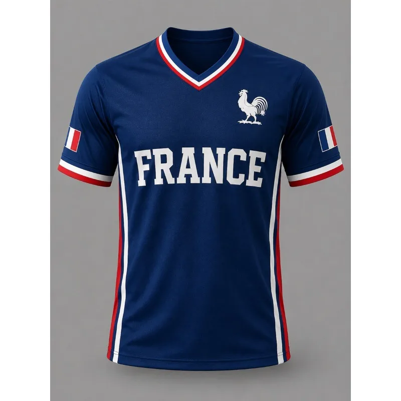 Retro V Neck France Rooster Print Soccer Jersey Striped Trim Sleeve Quick Dry T-shirt Trendy Game Day Casual Street OOTD