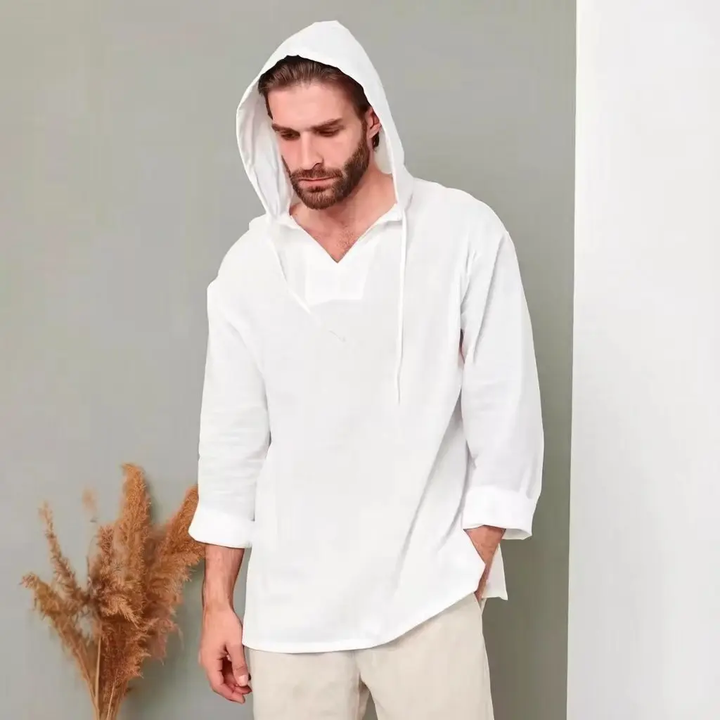 2026 Summer Men Linen Cotton Hooded Shirt Solid Color Long Sleeve Thin Chinese Style Outdoor Breathable Lightweight Casual Stree