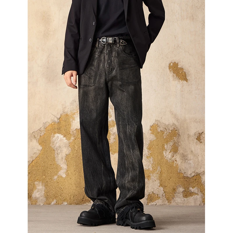 

American Retro Wide-leg Baggy Jeans Men Streetwear Hip Hop Tie-dye Denim Dark Black Fashion Loose Casual Straight Jeans Pants