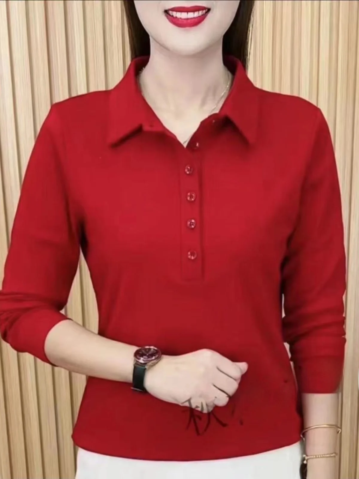 Damska koszulka z długim rękawem z czystej bawełny, bazowa, na wiosnę 2024, luźny krój, kołnierzyk z wyłogami, kolorowa koszulka, codzienna, dla mamy.