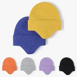 Pure Color Winter Earflap Knitted Hat Kpop Woolen Thick Warm Soft Skullies Beanie Hats Plain Blank Outdoor Motorcycle Cap Bonnet