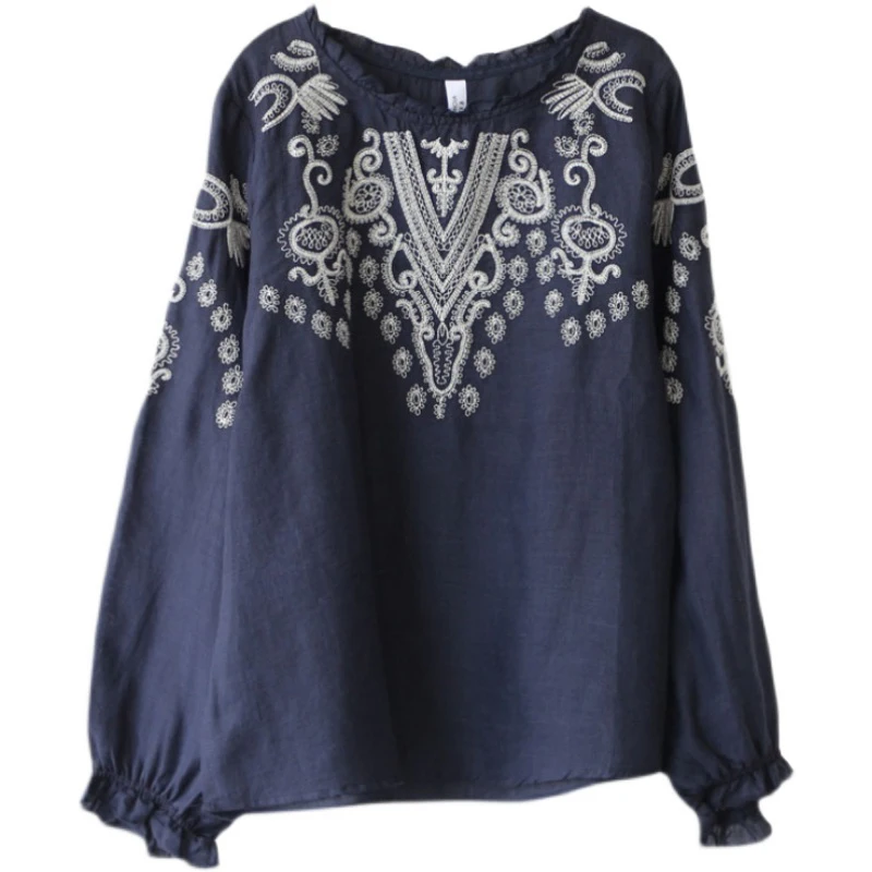Retro okrągły dekolt, haftowany T-shirt z bawełny i lnu, plus size, damski, casualowy, wygodny, uniwersalny, tuszujący niedoskonałości.