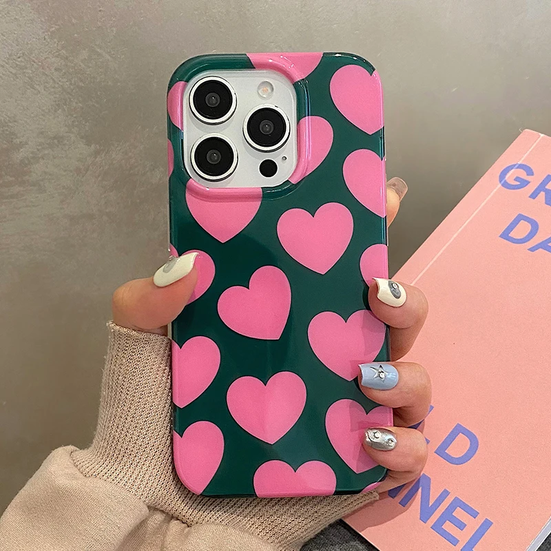 

Ins Pink Love Heart Vintage Green Phone Case For iPhone 16 Pro Max 15 13 14 IMD TPU Back Cover