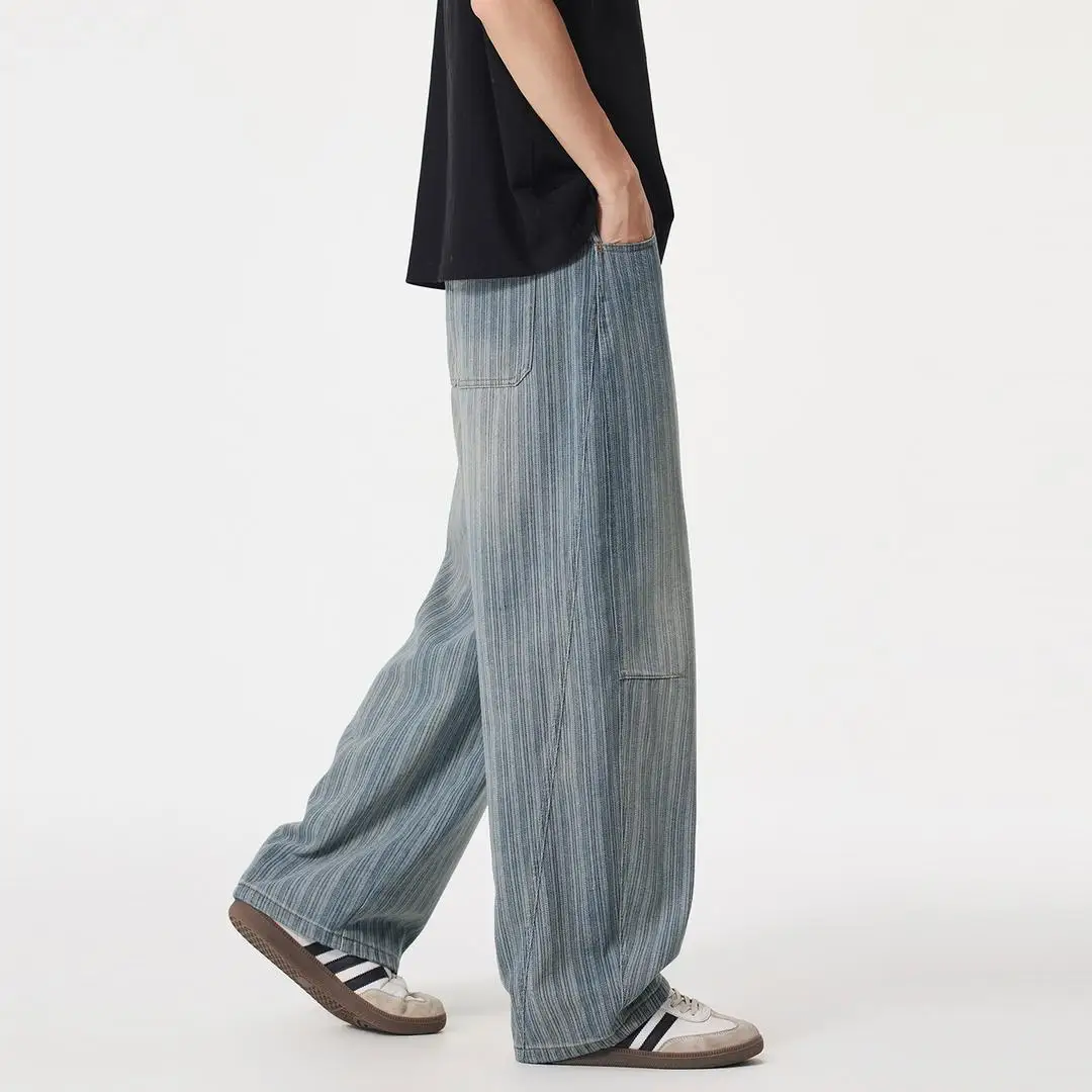 Washed Blue Vertical Striped Wide Leg Jeans Men Vintage Loose Straight Trousers Casual Baggy Long Pants Streetwear