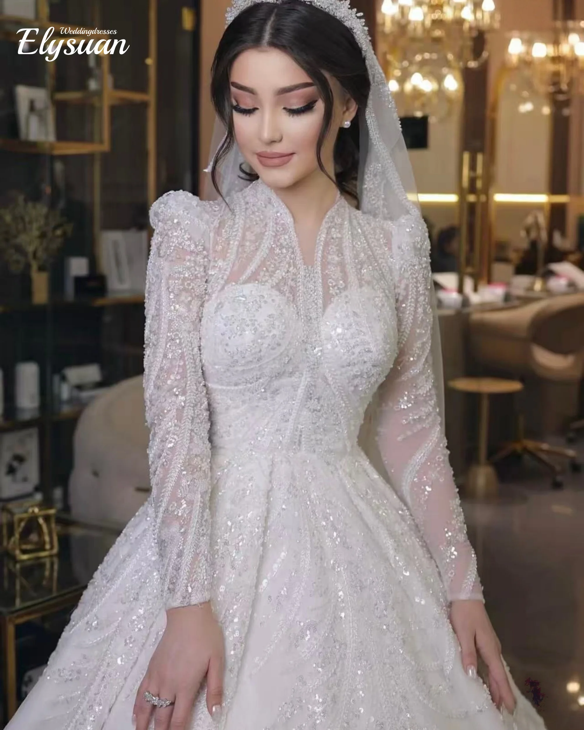 Customized Nymph Luxury Pearls Wedding Dresses Beading Sequins Bridal Ball Gowns Long Sleeves Princess  Bride Vestidos De Novia