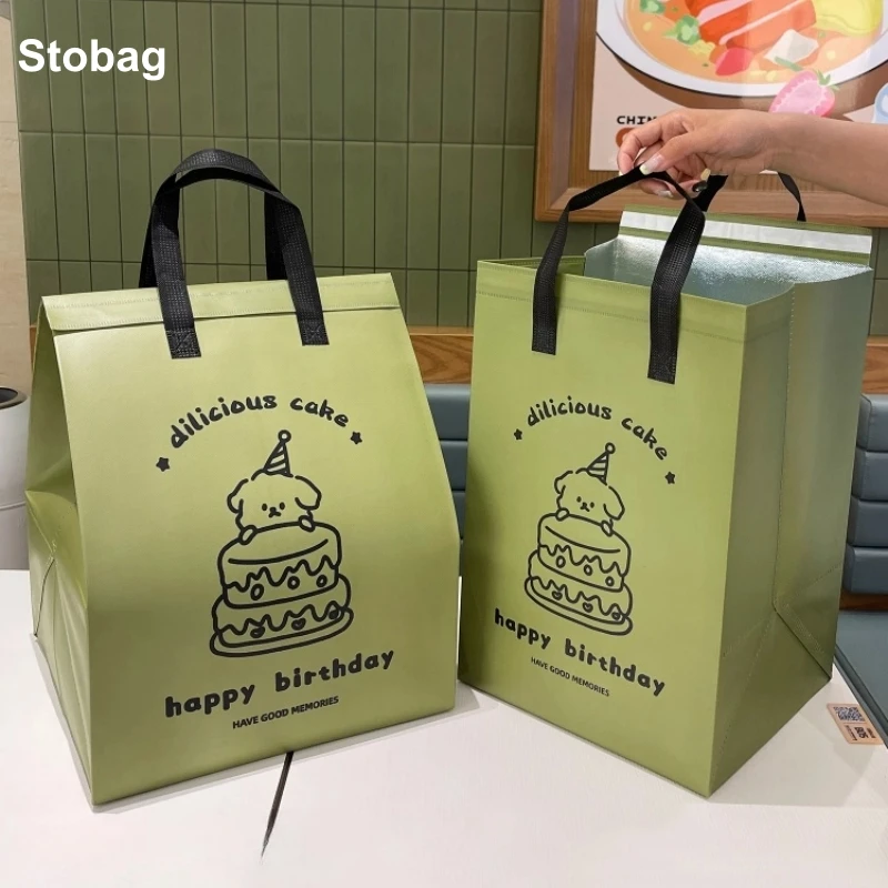 

StoBag 10pcs Green Non-woven Insulation Tote Bags Fabric for Cake Food Package Keep Warm Cold Delivery Baking Reusable Pouch