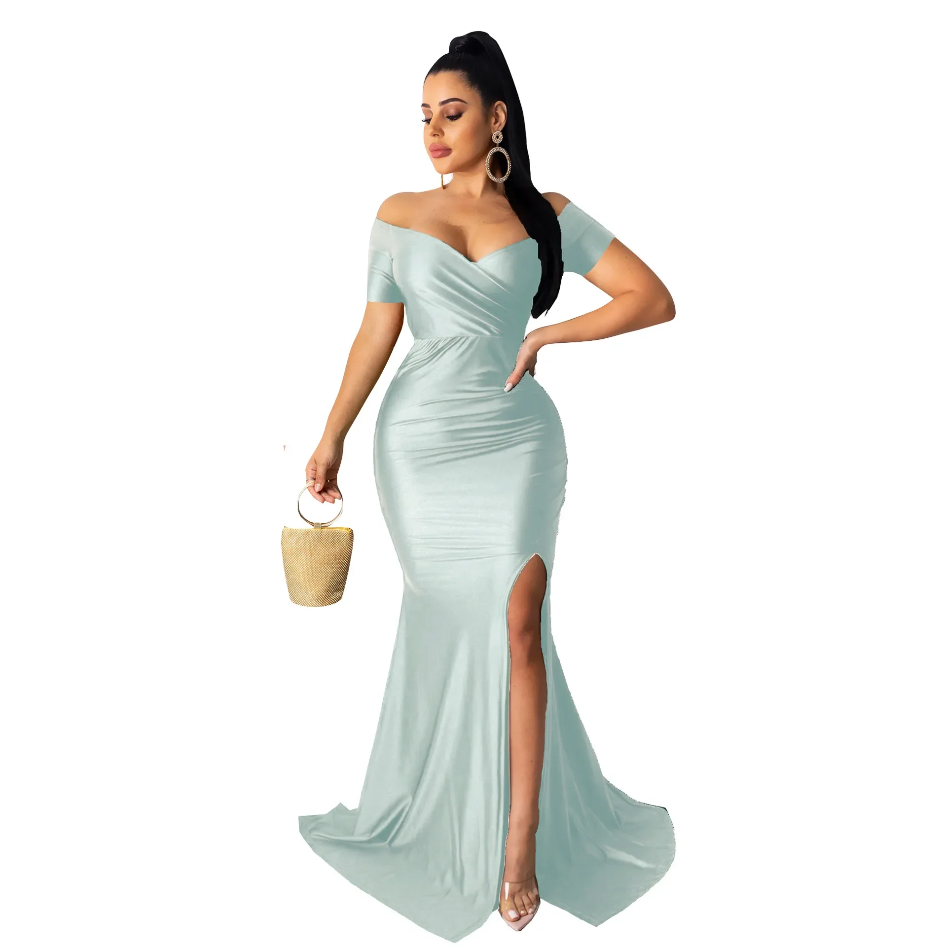 

European and American women's nightclub V-neck solid short sleeved slit evening dress long dress fashion sexy dress