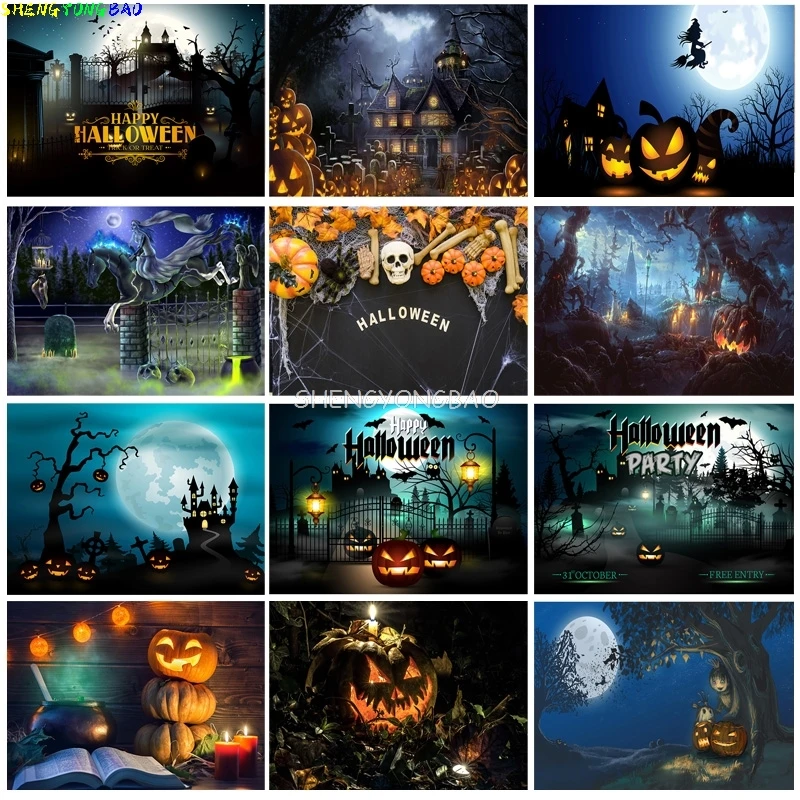 

Halloween Backdrop Pumpkin Lantern Castle Forest Moon Tombstone Baby Photography Background For Photo Studio Props 21802 WS-01