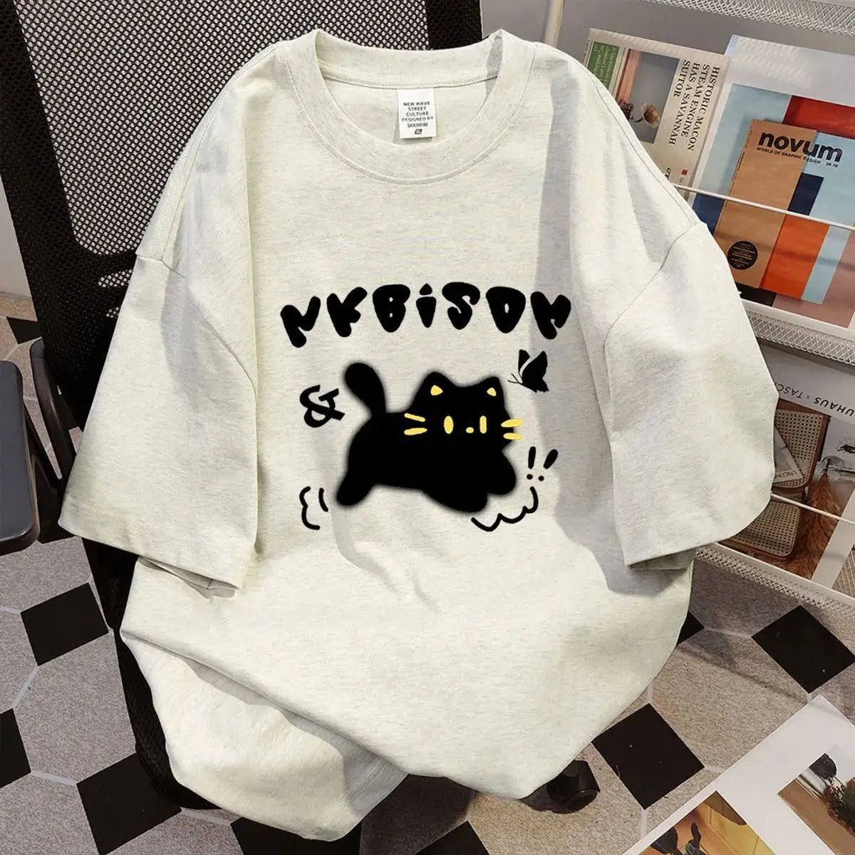 Kawaii Cat Printed Women T-Shirt Harajuku 2025 Summer Short Sleeve T Shirt Female Fashion White Clothing Unisex Streetwear Tops