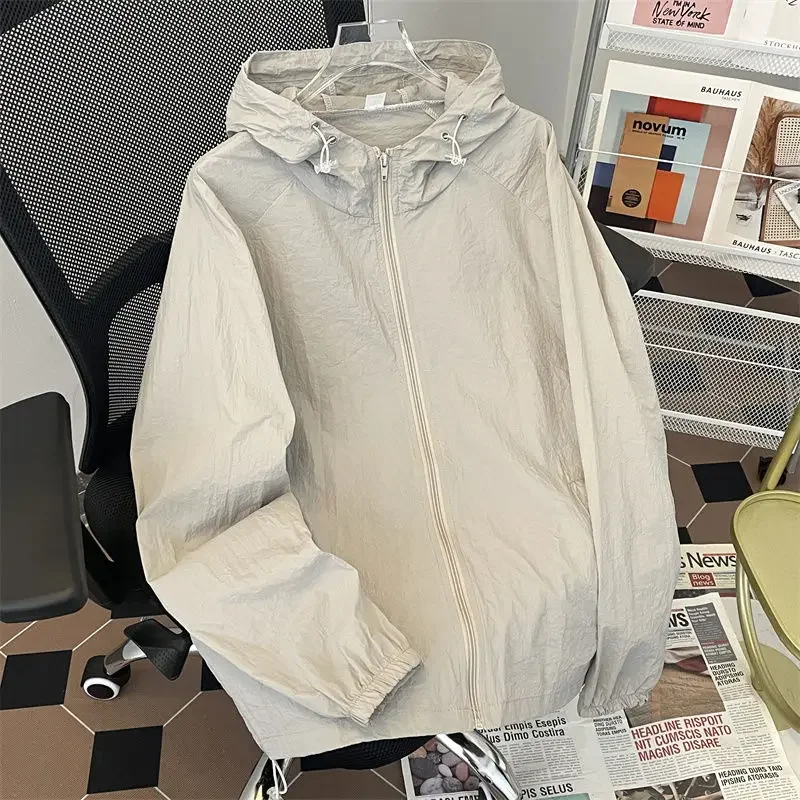 

EBAIHUI Solid Color Hooded Men Sun Protection Jacket Summer Thin Male Long Sleeve Zipper Coat Casual Versatile Loose Sports Top