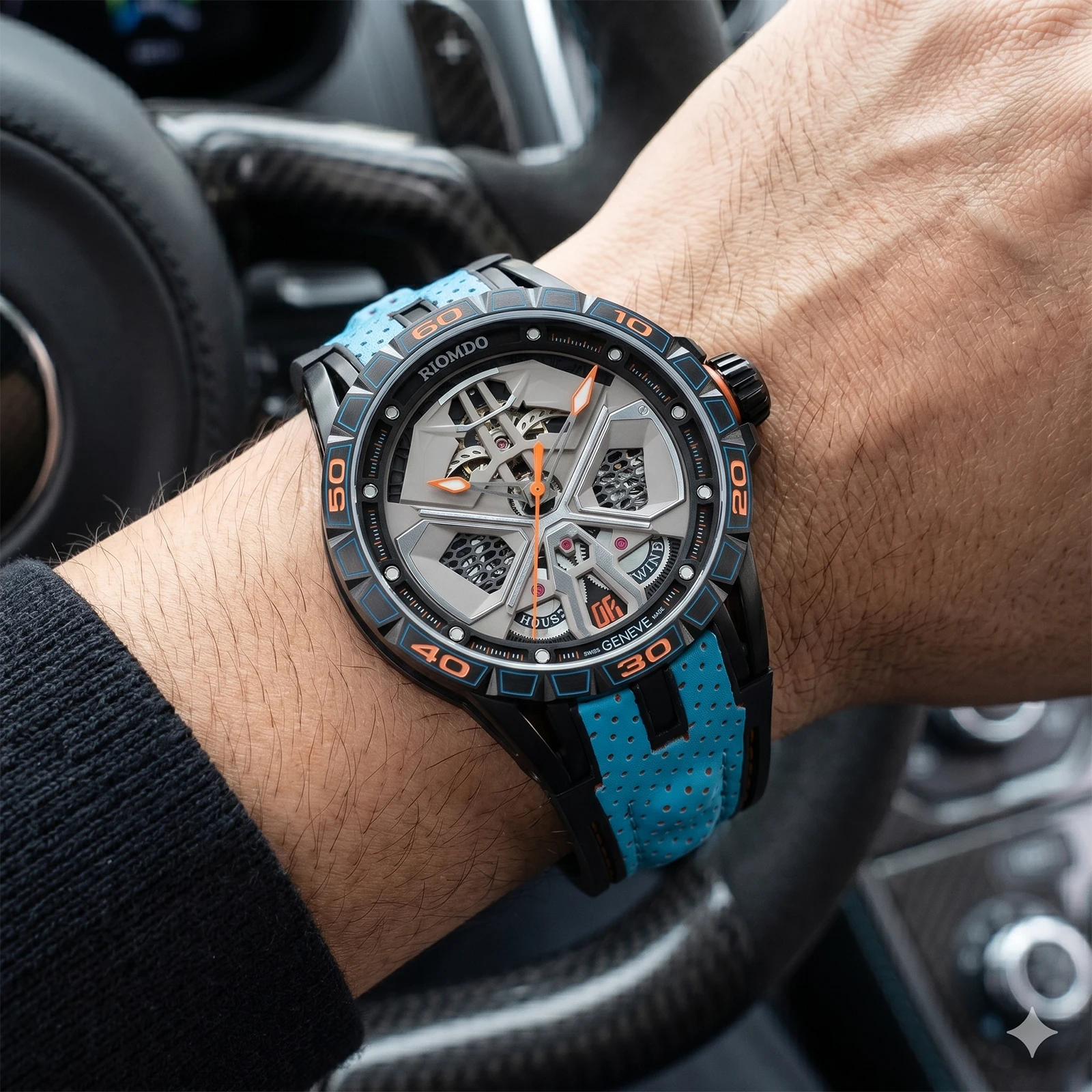 RIOMDO 46mm Men's Mechanical Automatic Watch - Luminous Hollow-out Dial Waterproof Blue Rubber Band Military Clock RD-919