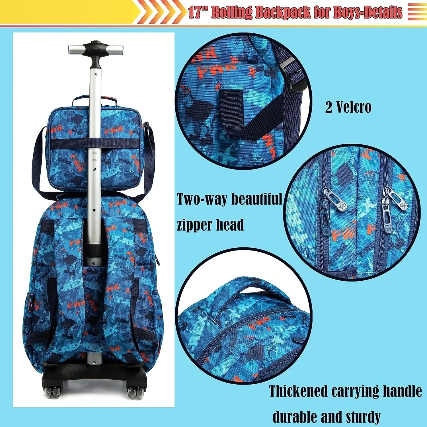 Rolling Trolley Bag Set com lancheira térmica, mochilas escolares, mochila de rodas para meninos e meninas, 18"