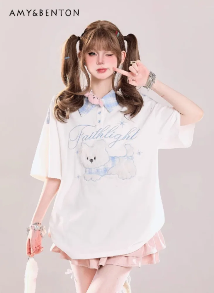 

2025 American Style Retro Puppy Embroidery Plaid Patchwork Polo Collar Short Sleeve T-Shirt Unisex Summer Cotton Top