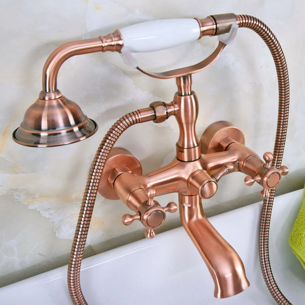 

Antique Red Copper Wall Mounted Bathroom Tub Faucet W/ Hand Shower Sprayer Clawfoot Mixer Tap