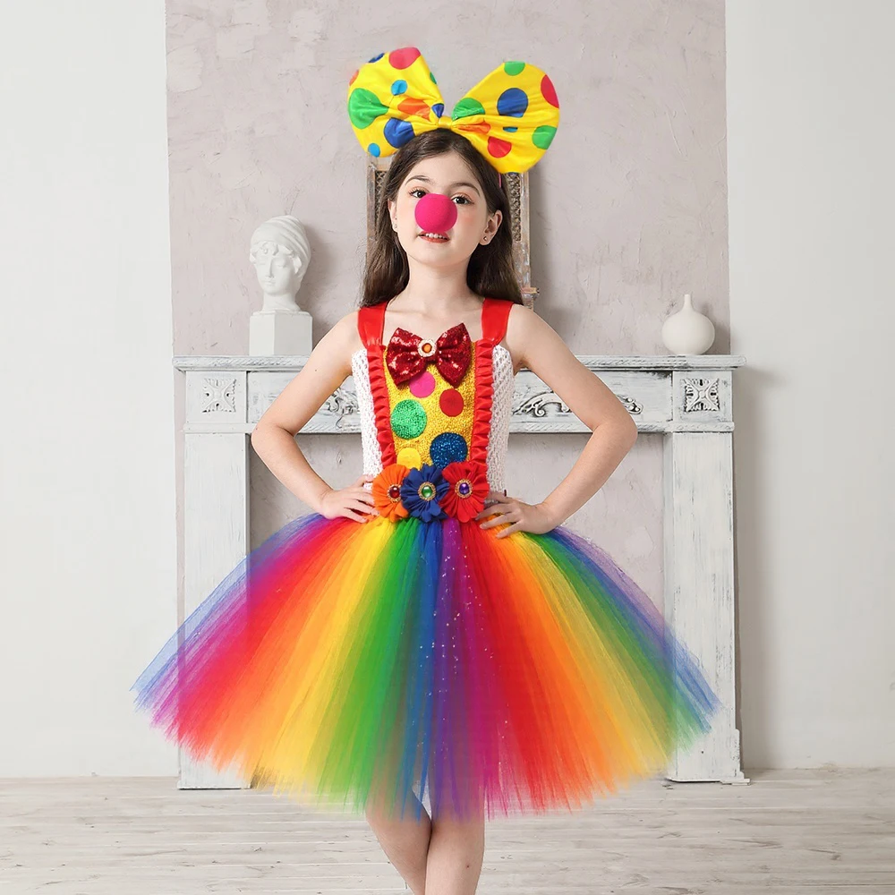 Rainbow Flower Circus Clown Costume for Girls Carnival Party Tutu Dresses Naughty Joker Halloween Cosplay Fancy Dress Up Clothes