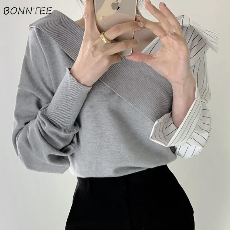 

Pullovers Women Autumn Fake Two Piece Casual Knitting Retro Streetwear All-match Hot Sale Elegant Daily Ulzzang Basic Clothes