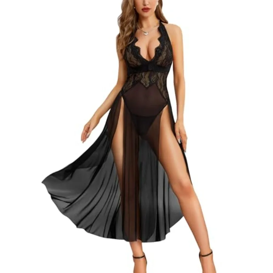 

Women's Sexy Lingerie Lace Babydoll Sleepwear Mesh Chemise Deep V Neck Nightdress Side Slits Nightgowns