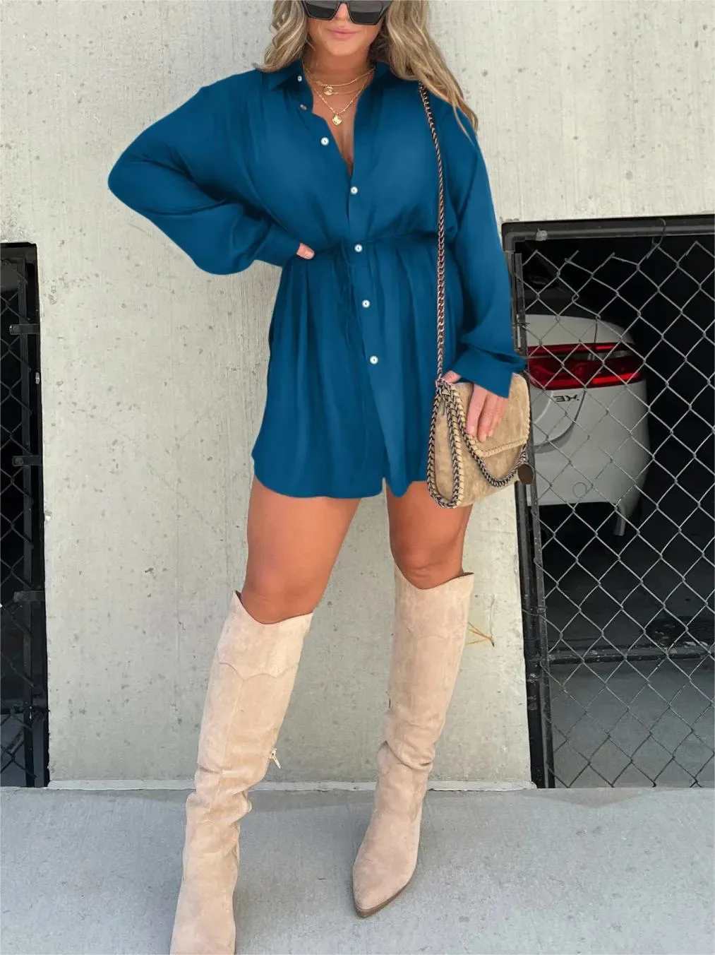 

Elegant Solid Lace Up Shirt Suit Women 2024 Fashion Loose Lapel Single Breasted Split Shirt Elastic Waist Shorts Two Piece Set